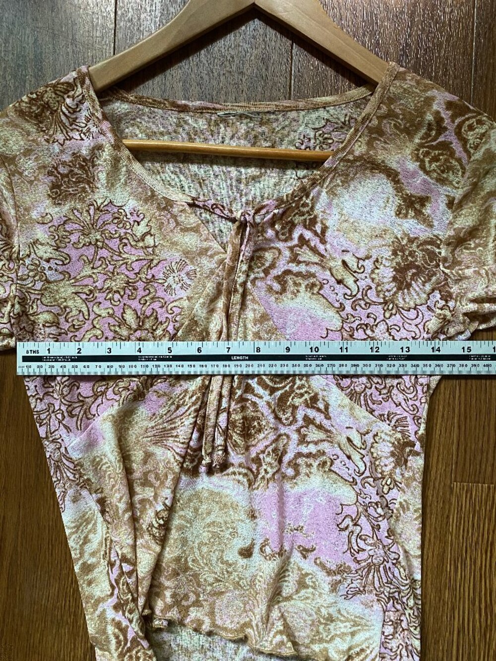Vintage Y2K Pink Brown Paisley Bell Sleeve Lettuce Hem Top - XS - Picture 11 of 11